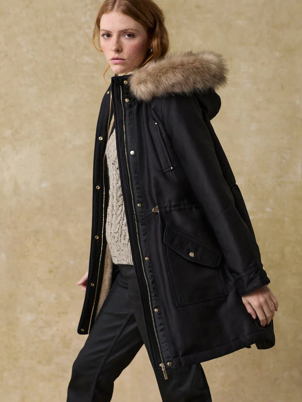 Shop Black Hooded Parka Coat With Faux Fur Trim