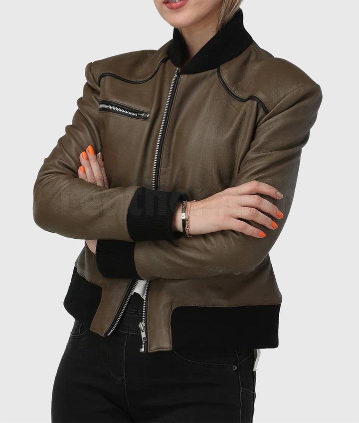 Stylish Women Olive Bomber Leather Jacket in usa