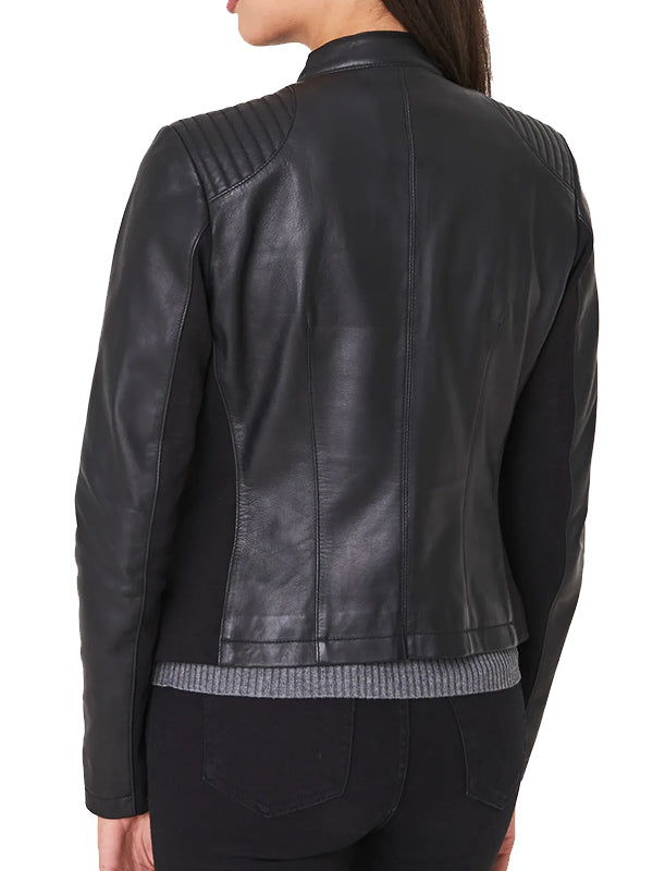 Fashionable women's black motorcycle jacket in United state market