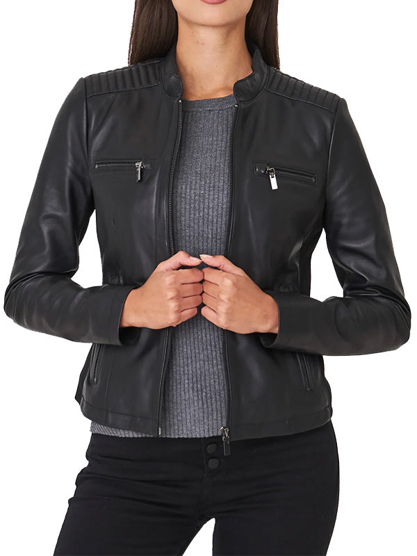 Women's classic black leather biker jacket in USA