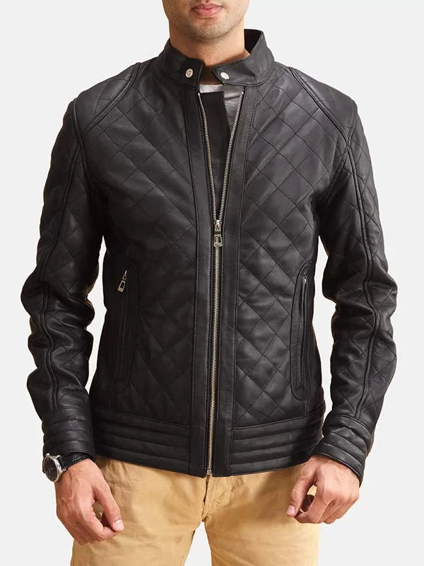 Men's black leather quilted jacket with zippered front