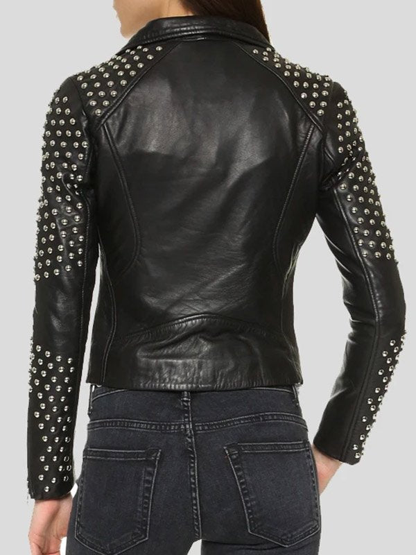 Fashionable black leather moto jacket with studs for women in France style