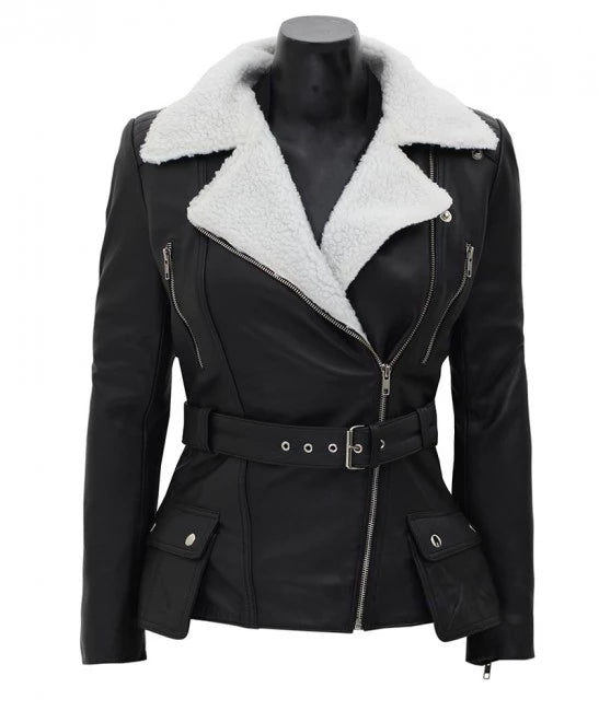 Verona Black Faux Fur Leather Jacket with Asymmetrical White Sherpa