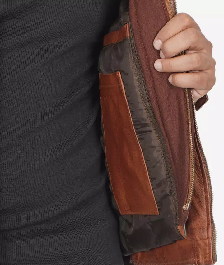 Tan waxed leather jacket for men, featuring a removable hood in France style