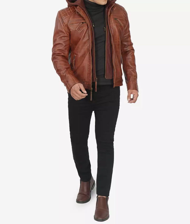 Men's jacket: tan waxed leather with a removable hood in United state market