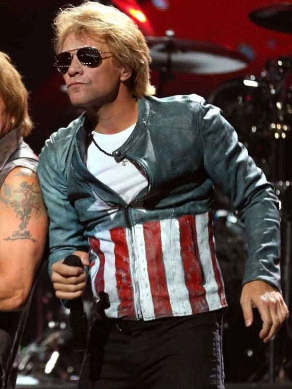 Fashion-forward leather jacket for a Jon Bon Jovi concert with a nod to Captain America in UK market