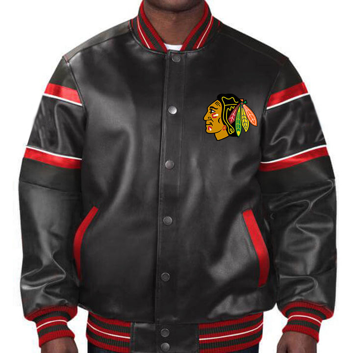 Chicago Blackhawks black leather jacket - team emblem detail in USA