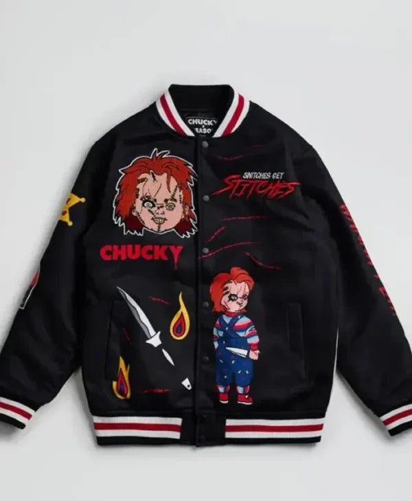 Black jacket with Chucky character and text design on a white background