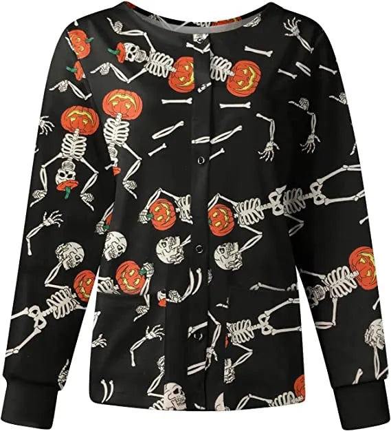 Dancing Skeleton Pumpkins Halloween Scrub Jacket – Festive Medical Uniform