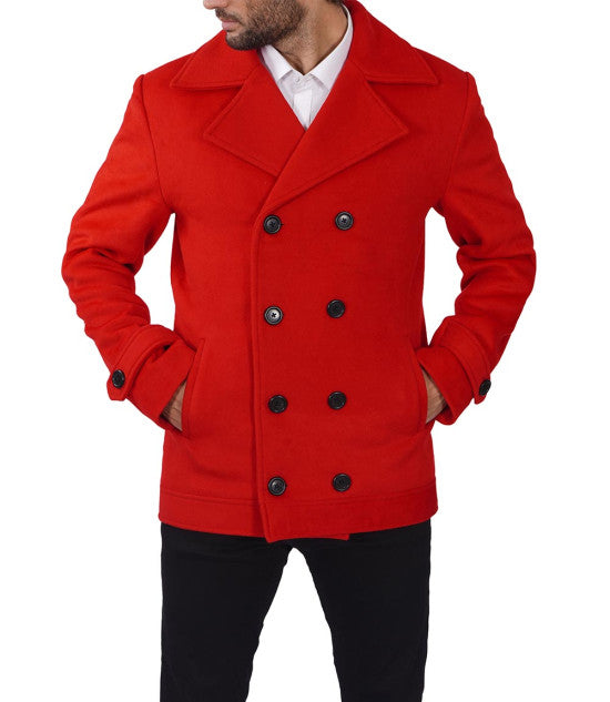 Red double-breasted wool peacoat for men in USA