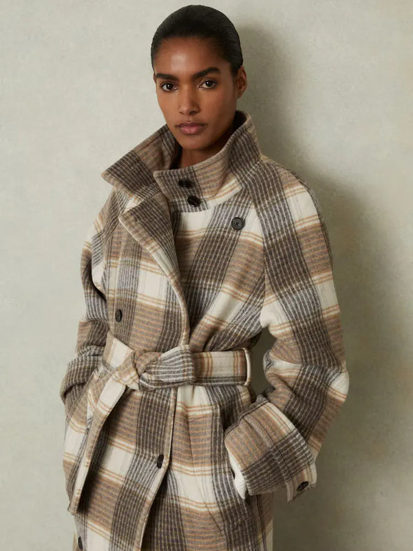 Wool Blend Check Double Breasted Coat in Neutral Check