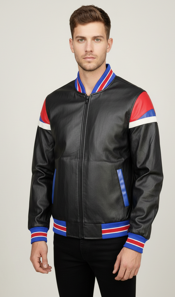 Men's Patriot Racer Black Leather Bomber Jacket | Red White Blue Striped Motorcycle Style