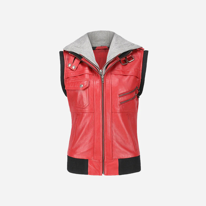 Elegant Women's Hooded Red Leather Jacket in usa
