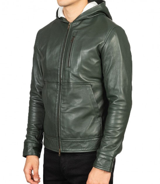 Men's black biker jacket with chest zipper and pockets