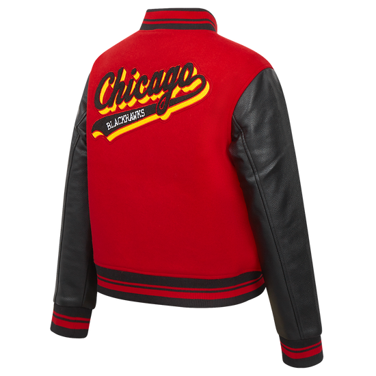 Wool Varsity Jacket for Women Featuring NHL Chicago Blackhawks Script Tail Logo