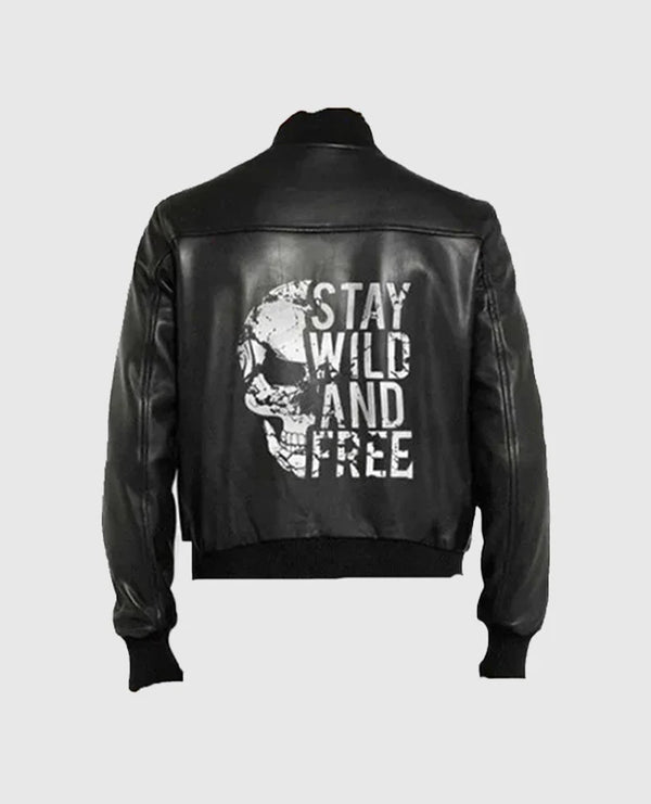 Halloween Special Stay Wild and Free Black Bomber Leather Jacket