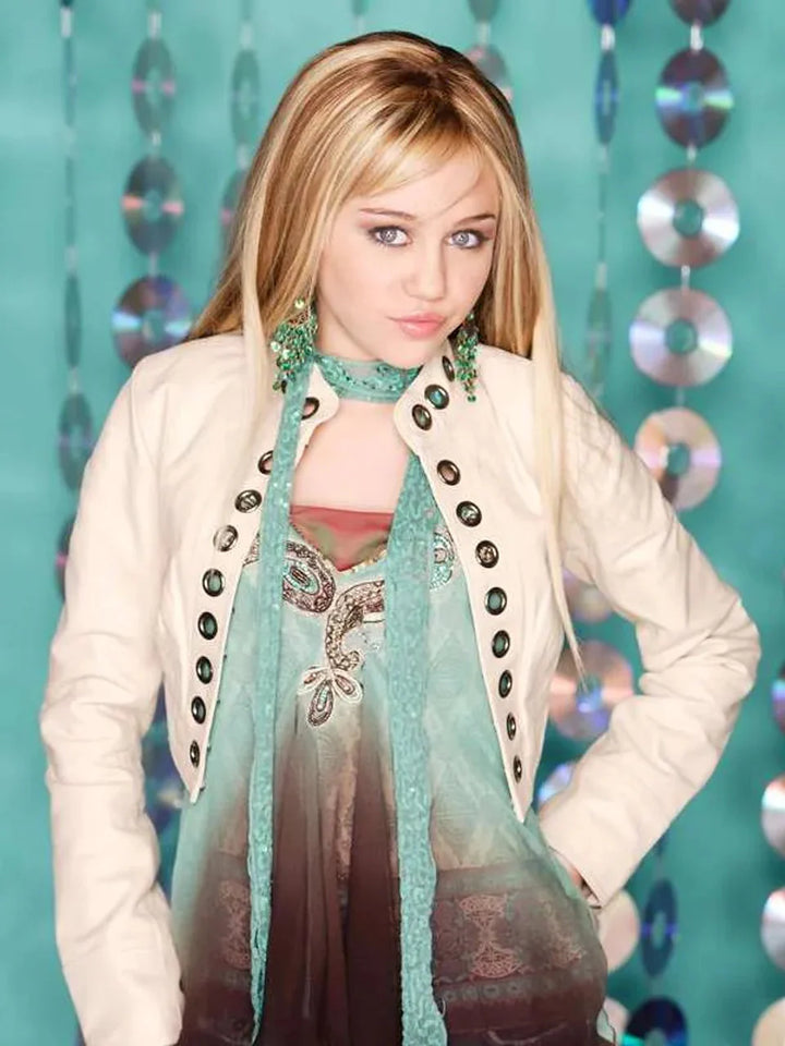 Hannah Montana wearing a stylish white jacket in USA