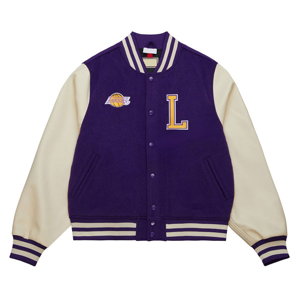 LA Lakers Purple and Off White Varsity Jacket Front View