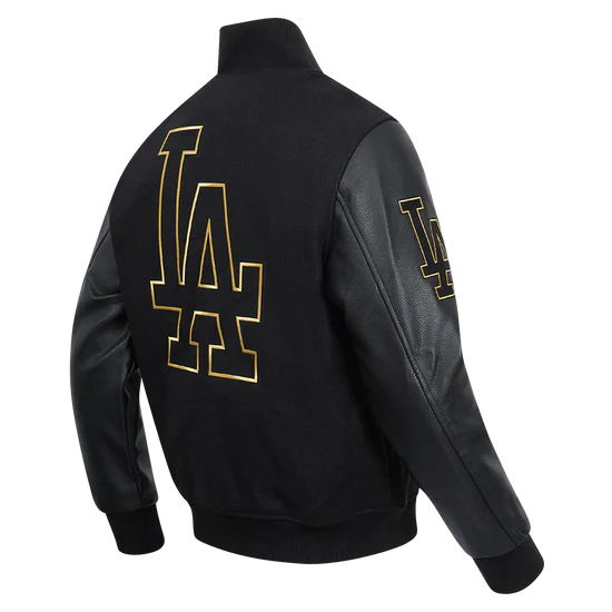 MLB Los Angeles Dodgers men’s varsity jacket, black and gold wool style in USA