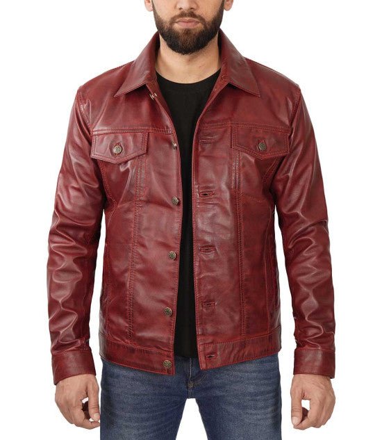 TJS men's maroon trucker-style leather jacket in German market