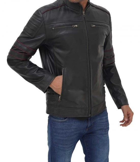 Black and red striped men's leather moto jacket in American style