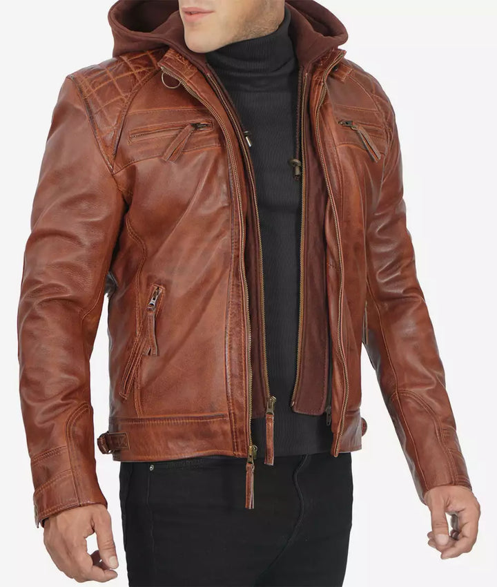 Versatile men's tan leather jacket with a zip-out hood in France style