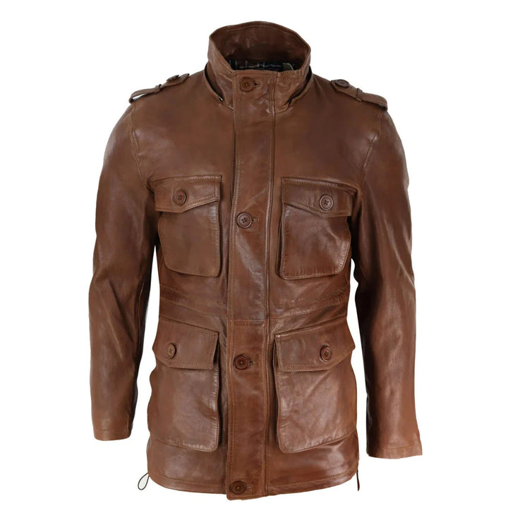 Men's real leather safari jacket with mid-length design