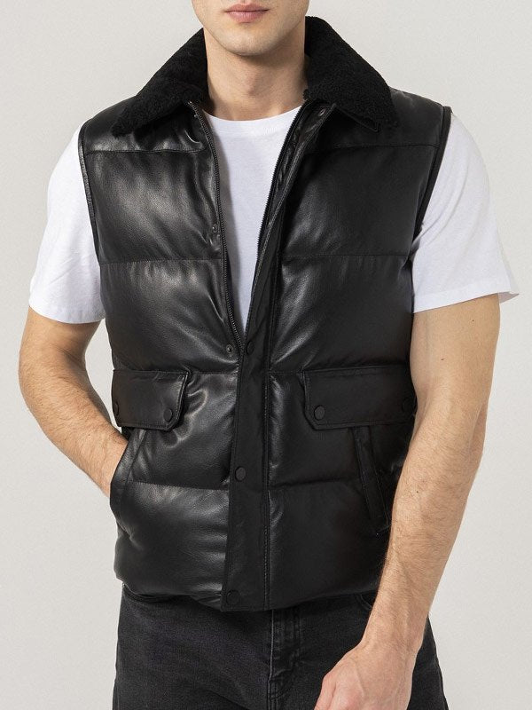 Fashionable men's black leather padded vest in American market