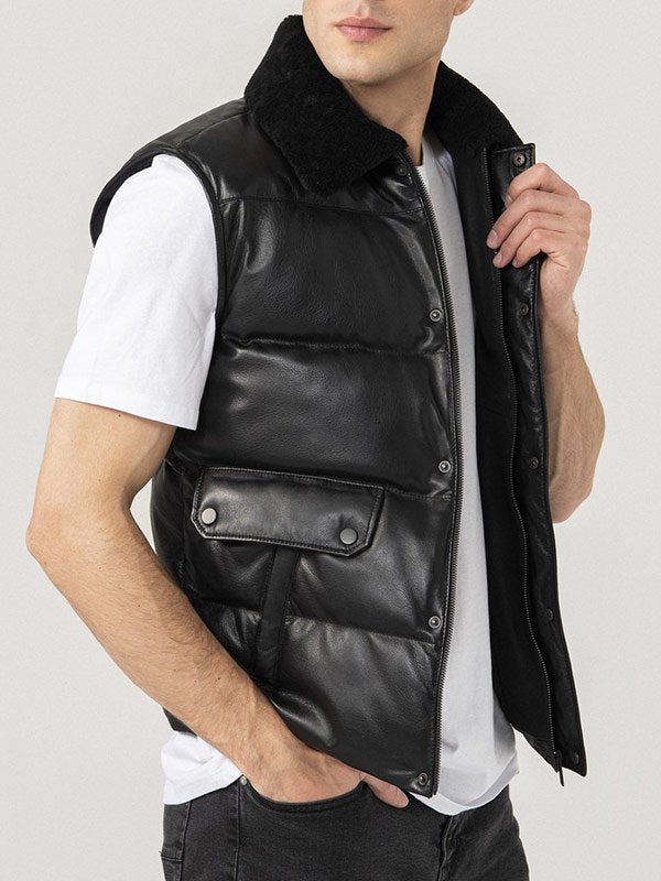 Edgy men's black leather puffer vest in USA