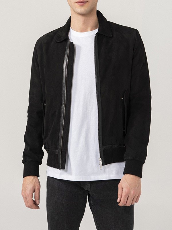 Stylish black suede bomber jacket for men in France style