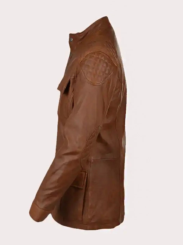 Fashionable men's brown leather jacket with multiple pockets in American market