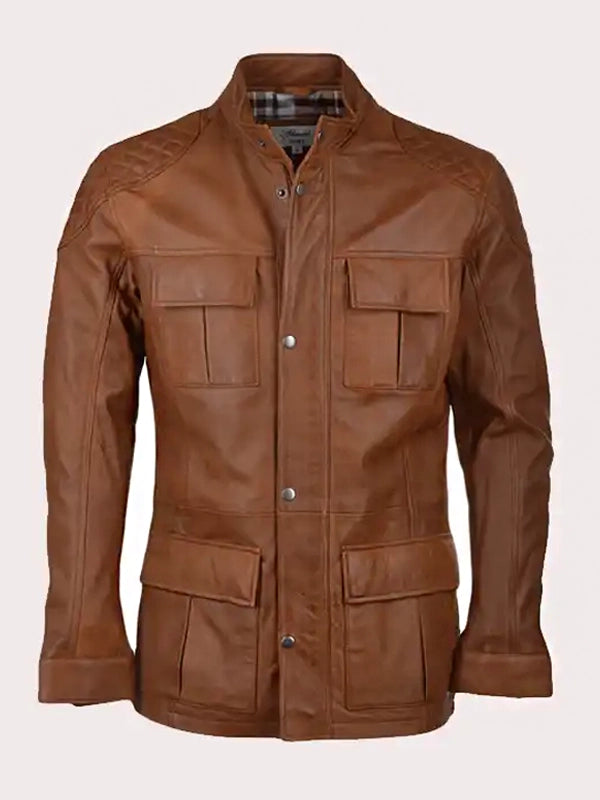 Men's brown leather jacket with four pockets in USA