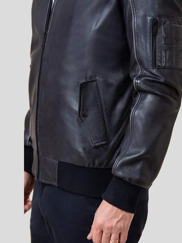 Fashionable men's black leather flight jacket in United state market