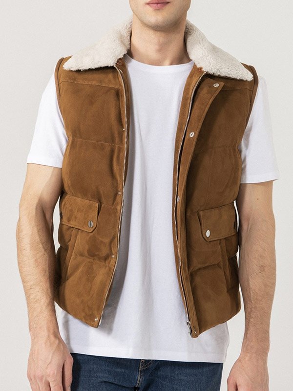 Men's suede leather vest with shearling collar in USA