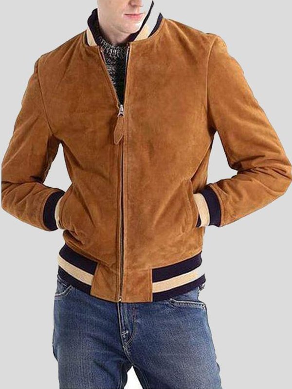 Men's sleek brown suede bomber jacket in USA