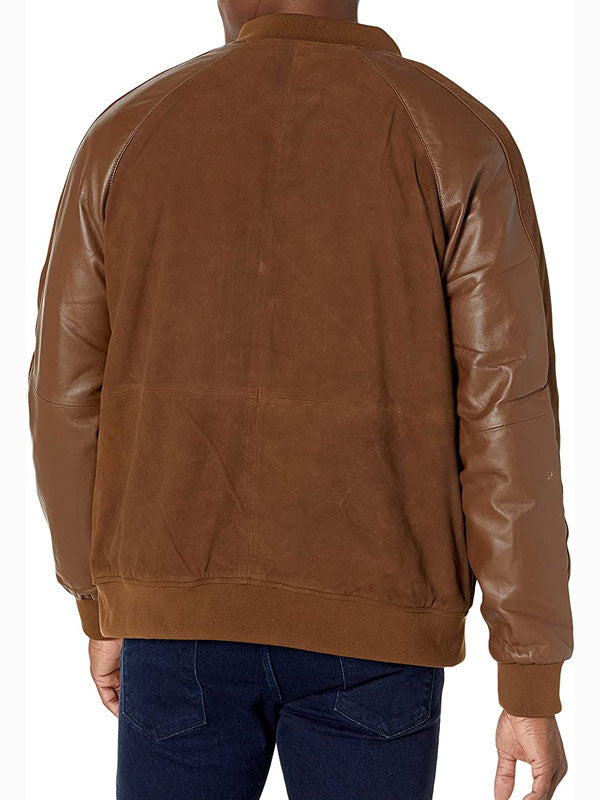 Stylish men's suede leather varsity jacket with contrasting sleeves in France style