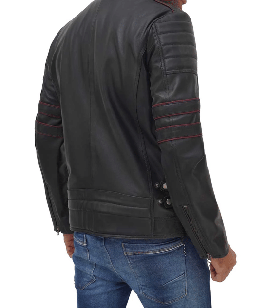 Sleek black biker jacket with red detailing in United state market