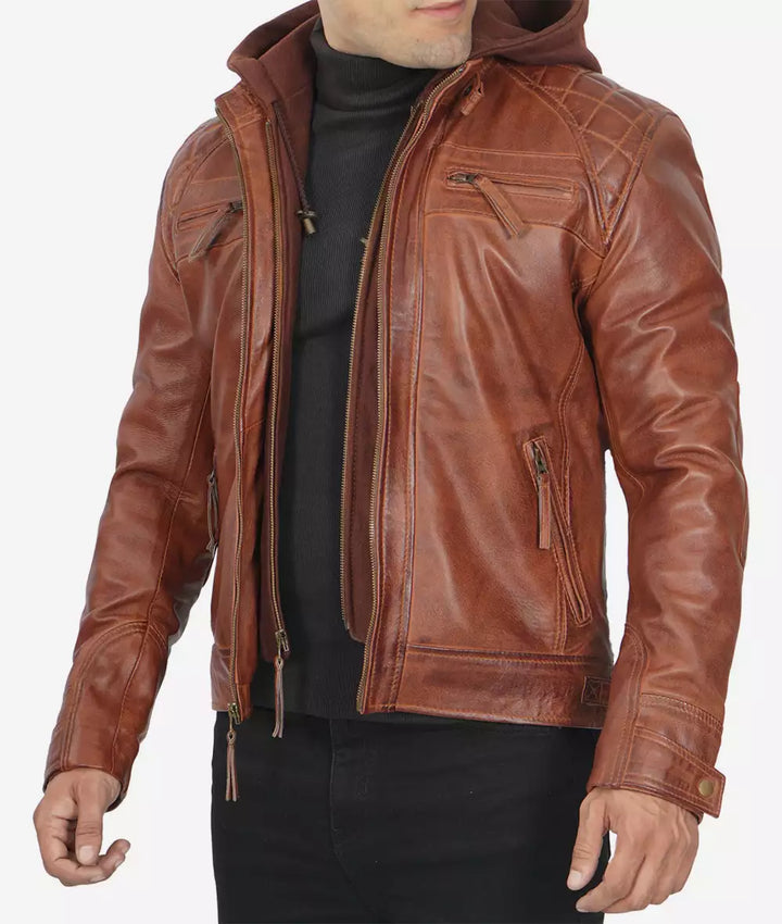 Tan waxed leather jacket for men, easily convertible with a hood in USA market