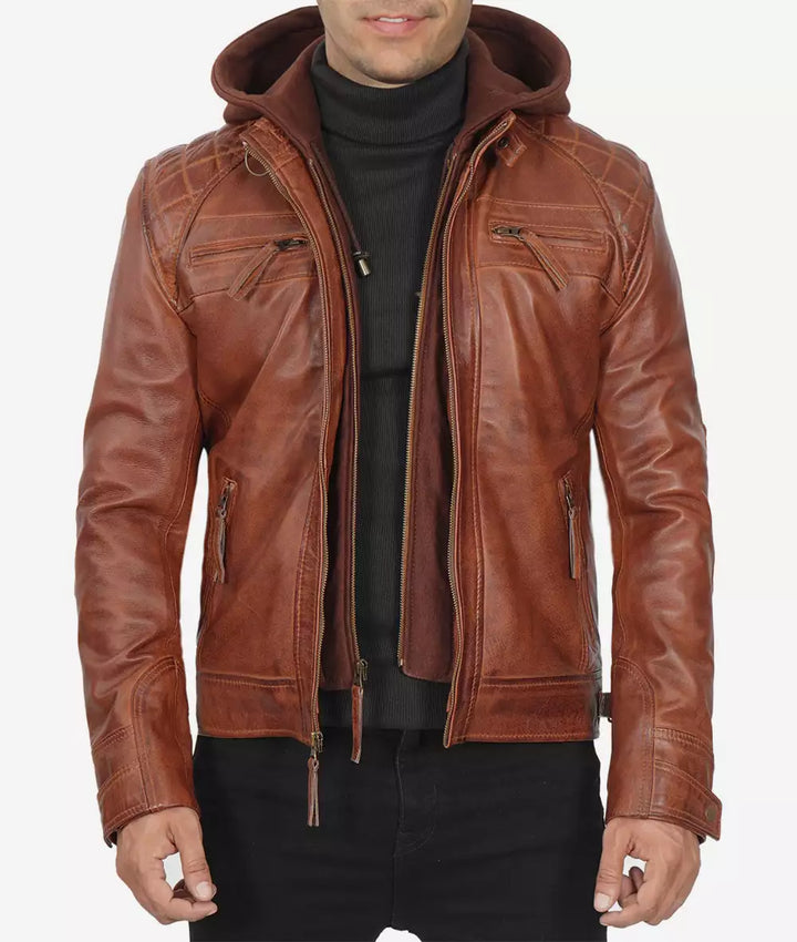 Men's urban style jacket: tan waxed leather with removable hood in American market