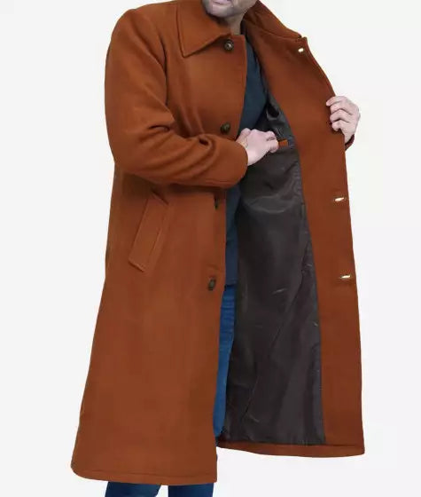 Trenton's long men's wool overcoat in tan in American market