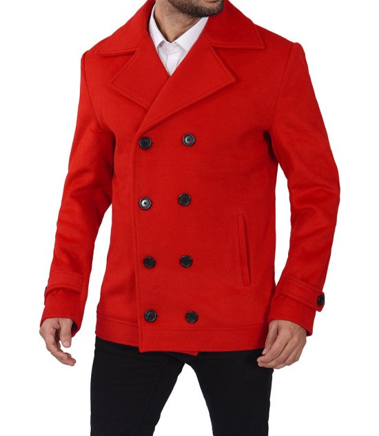 Vibrant red double-breasted peacoat for men in United state market