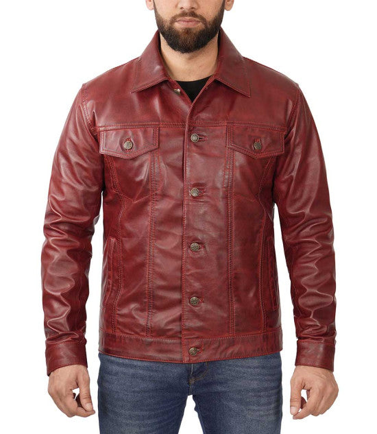 TJS maroon leather jacket with trucker design in US market