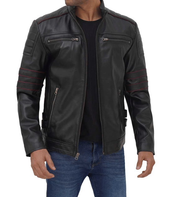 Black leather biker jacket with red accents in France style