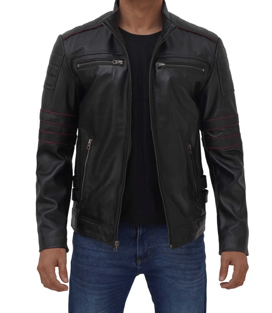 Men's black cafe racer motorcycle jacket with red stripes in USA