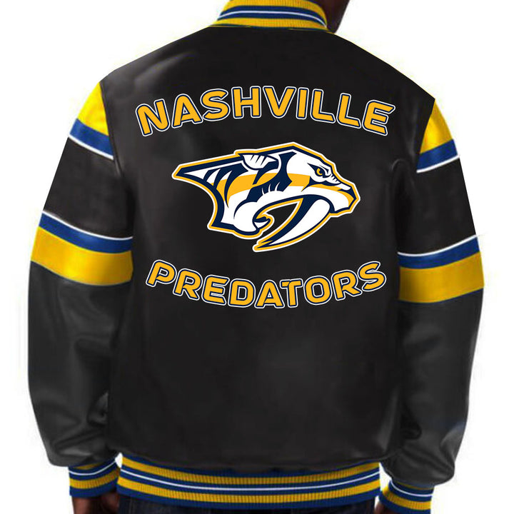 Embrace the Predators' ethos with this premium leather jacket, featuring bold team colors and iconic designs for dedicated fans in France style