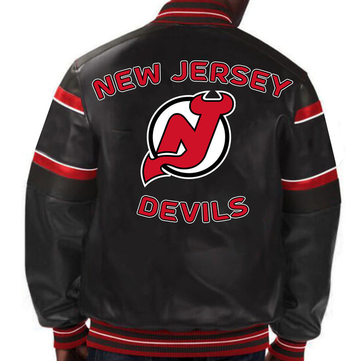 Embrace a timeless look with this Varsity Jersey Devils leather jacket, featuring iconic team emblems for die-hard Devils fans in France style