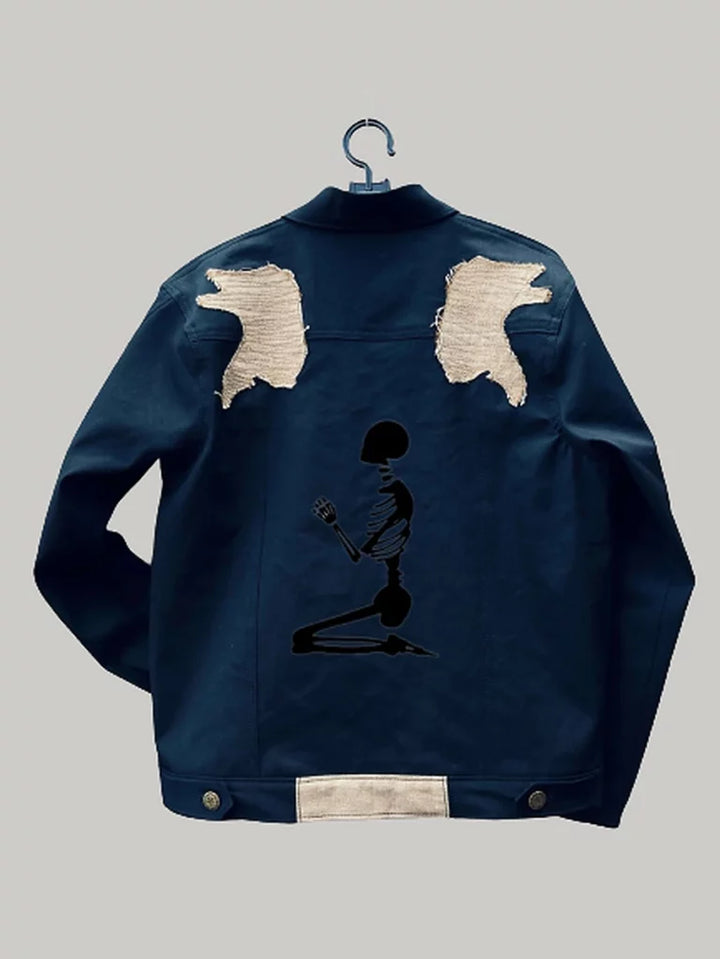 Navy blue jacket with distressed design on a gray background