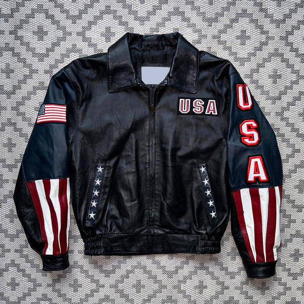 Premium Black Biker Leather Jacket USA Flag