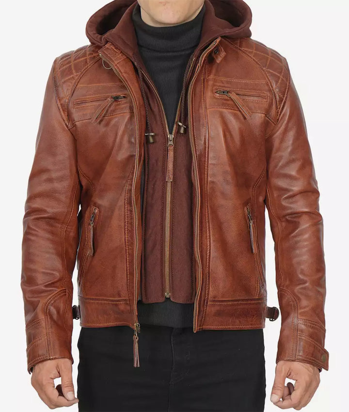 Fashionable men's tan leather jacket with a detachable hood in American market