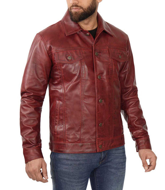 TJS maroon leather jacket - trucker-inspired style in USA market
